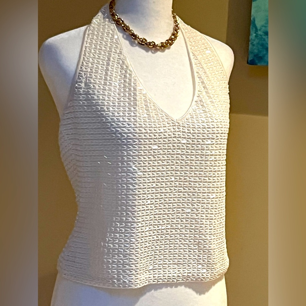 Stunning Cache Beaded White Halter Top Medium Like New